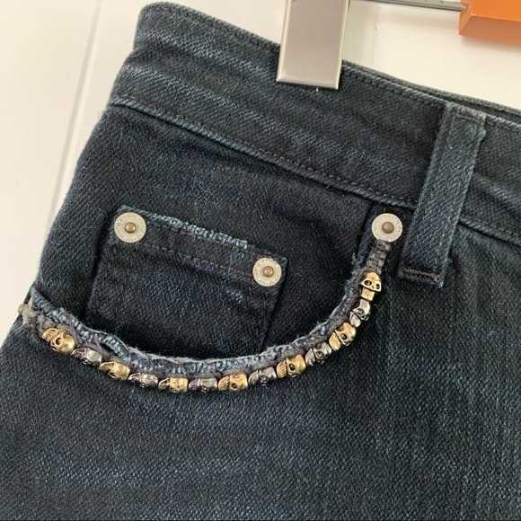 CARMAR Denim Skull Bead Shorts Embellished Distressed Heart Jean Black Beaded - Picture 2 of 10